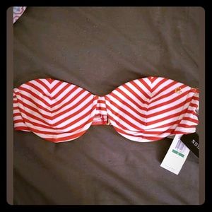 New Guess Strapless Bikini Top - Red Striped - L